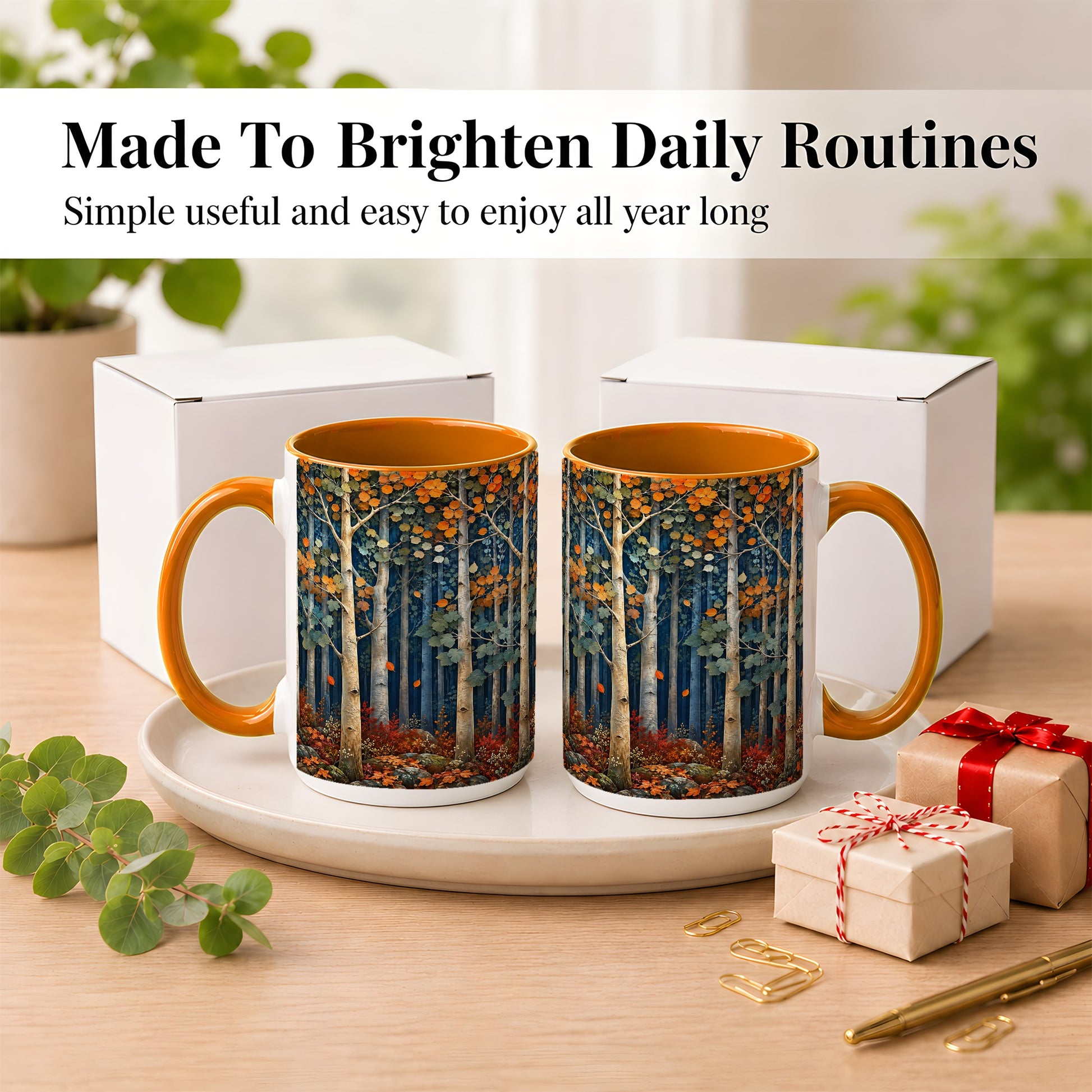 #pl[15oz|Orange] Painterly Birch Grove Coffee Mug, Autumn Woodland Mug, Ceramic Cup