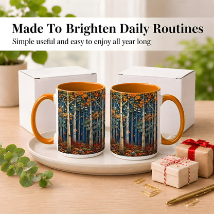 #pl[15oz|Orange] Painterly Birch Grove Coffee Mug, Autumn Woodland Mug, Ceramic Cup