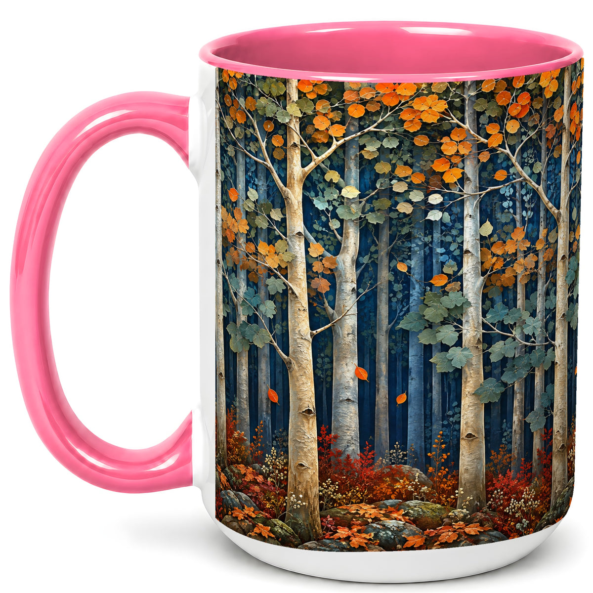 #pl[15oz|Pink] Painterly Birch Grove Coffee Mug, Autumn Woodland Mug, Ceramic Cup
