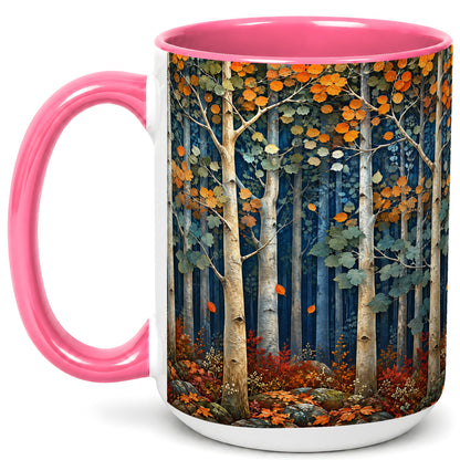 #pl[15oz|Pink] Painterly Birch Grove Coffee Mug, Autumn Woodland Mug, Ceramic Cup