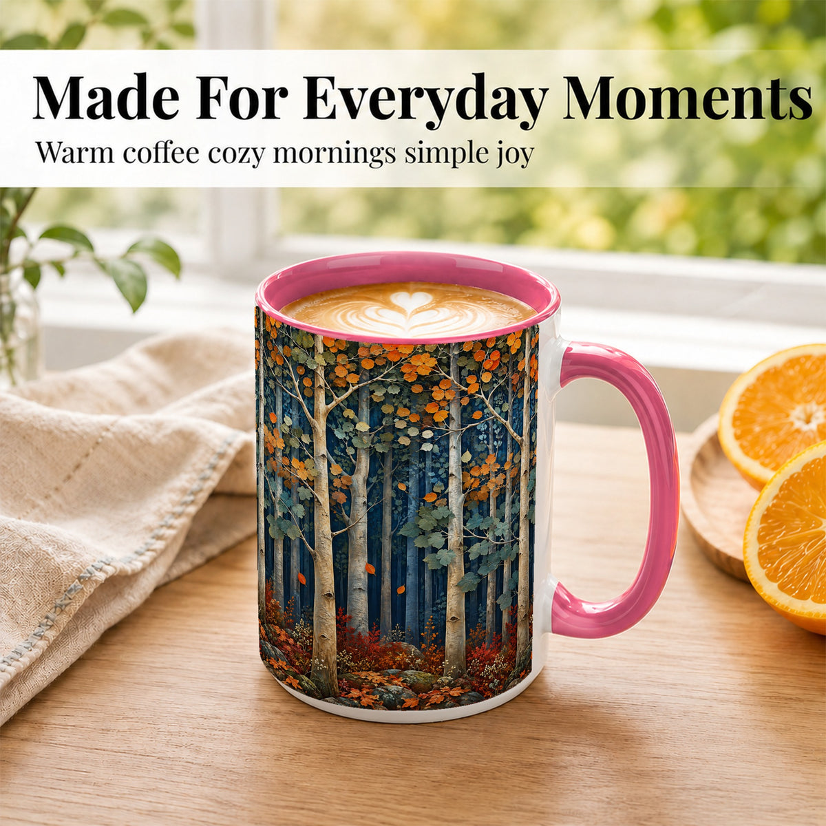 #pl[15oz|Pink] Painterly Birch Grove Coffee Mug, Autumn Woodland Mug, Ceramic Cup