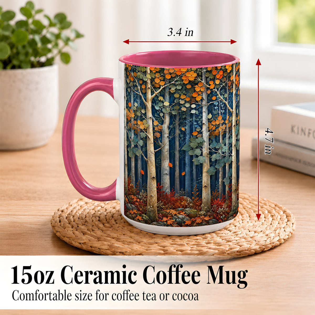 #pl[15oz|Pink] Painterly Birch Grove Coffee Mug, Autumn Woodland Mug, Ceramic Cup