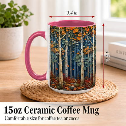 #pl[15oz|Pink] Painterly Birch Grove Coffee Mug, Autumn Woodland Mug, Ceramic Cup