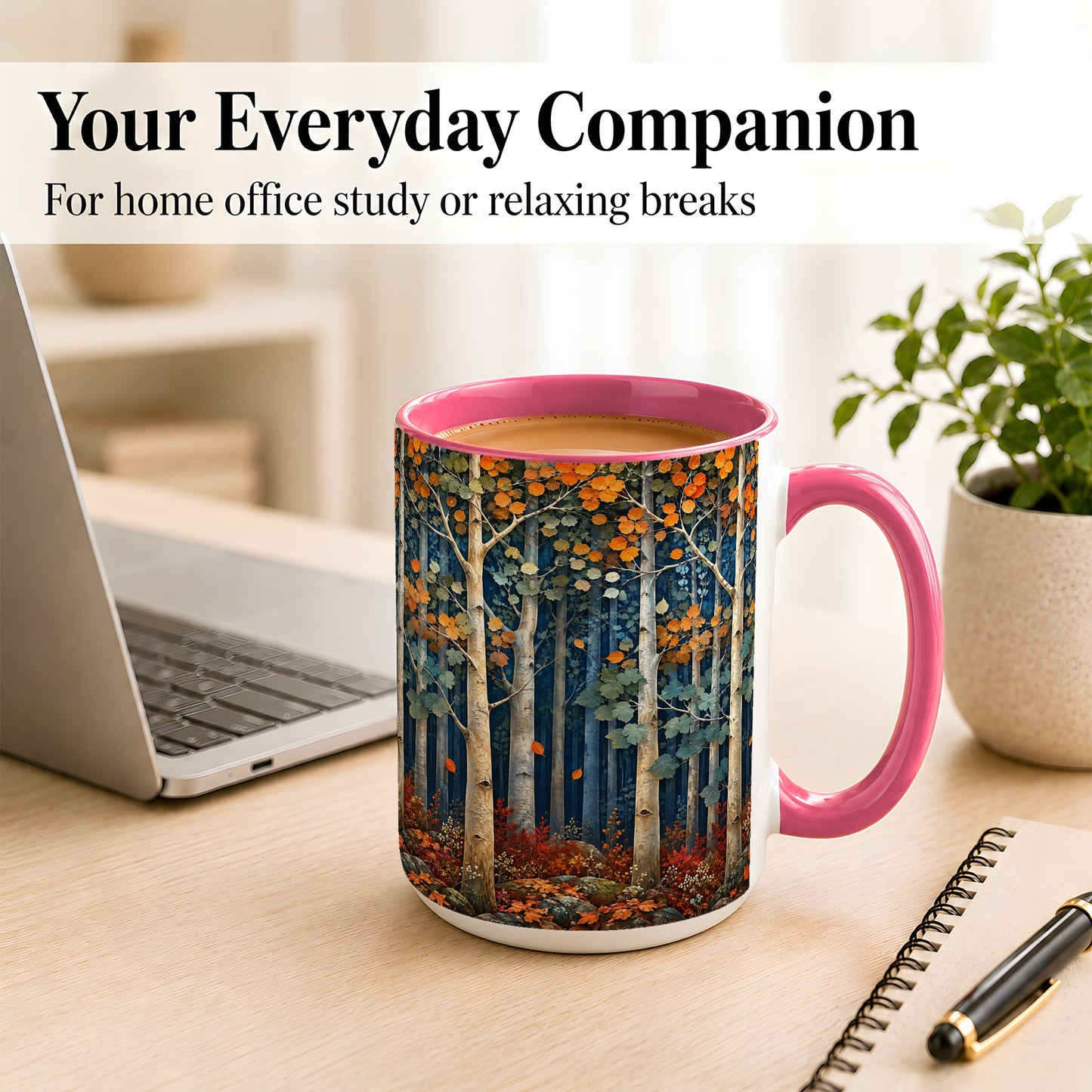 #pl[15oz|Pink] Painterly Birch Grove Coffee Mug, Autumn Woodland Mug, Ceramic Cup