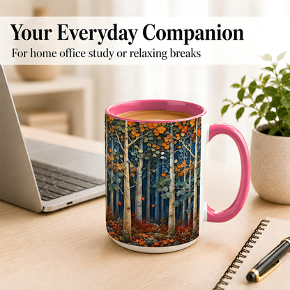 #pl[15oz|Pink] Painterly Birch Grove Coffee Mug, Autumn Woodland Mug, Ceramic Cup