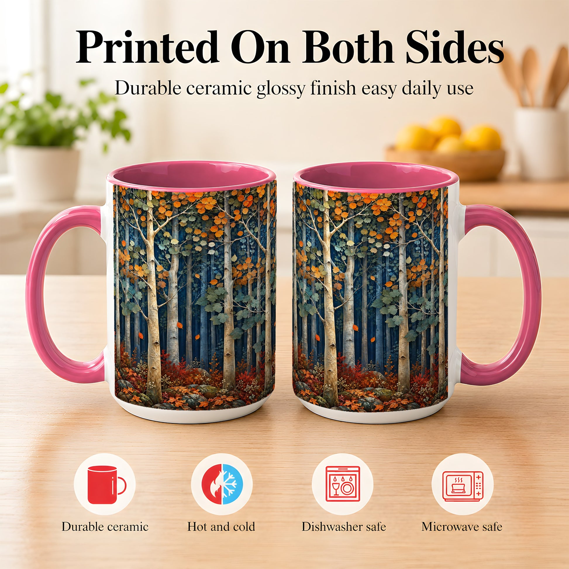 #pl[15oz|Pink] Painterly Birch Grove Coffee Mug, Autumn Woodland Mug, Ceramic Cup