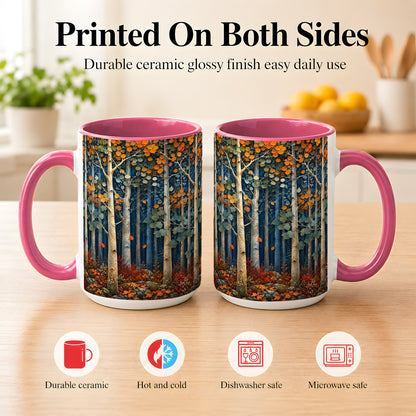 #pl[15oz|Pink] Painterly Birch Grove Coffee Mug, Autumn Woodland Mug, Ceramic Cup