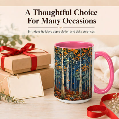 #pl[15oz|Pink] Painterly Birch Grove Coffee Mug, Autumn Woodland Mug, Ceramic Cup