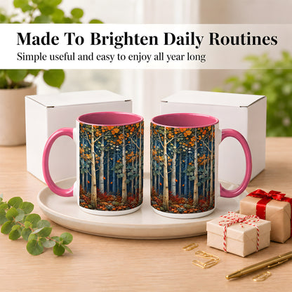 #pl[15oz|Pink] Painterly Birch Grove Coffee Mug, Autumn Woodland Mug, Ceramic Cup