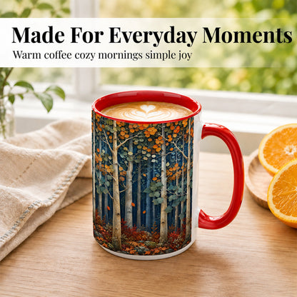 #pl[15oz|Red] Painterly Birch Grove Coffee Mug, Autumn Woodland Mug, Ceramic Cup