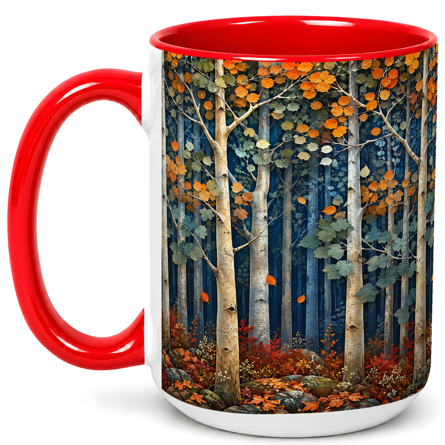 #pl[15oz|Red] Painterly Birch Grove Coffee Mug, Autumn Woodland Mug, Ceramic Cup
