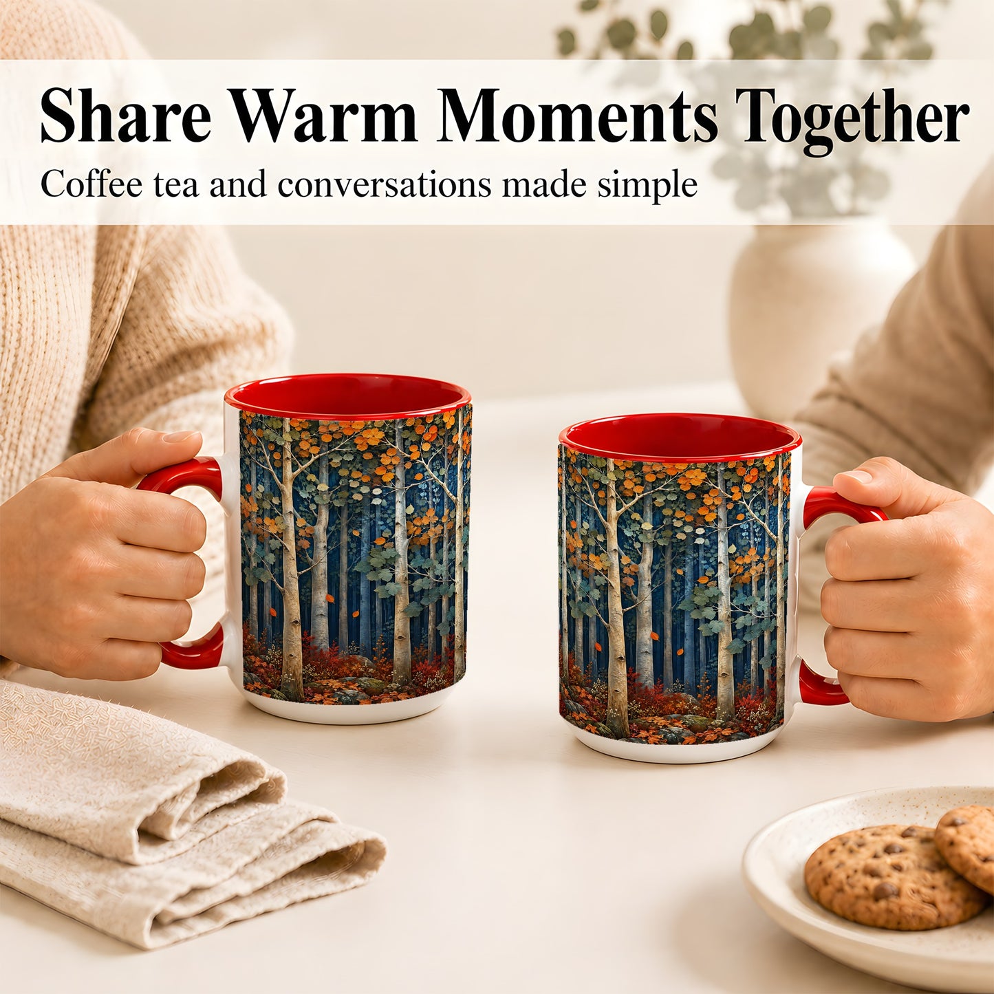 #pl[15oz|Red] Painterly Birch Grove Coffee Mug, Autumn Woodland Mug, Ceramic Cup