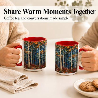 #pl[15oz|Red] Painterly Birch Grove Coffee Mug, Autumn Woodland Mug, Ceramic Cup