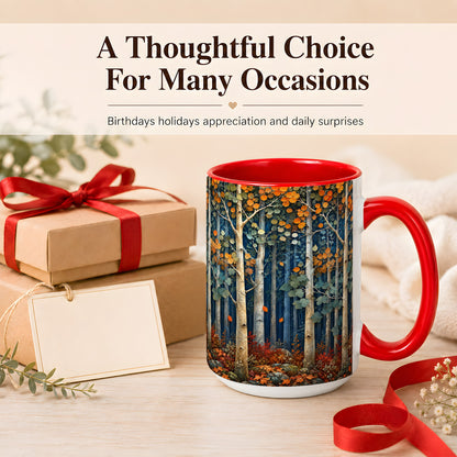 #pl[15oz|Red] Painterly Birch Grove Coffee Mug, Autumn Woodland Mug, Ceramic Cup