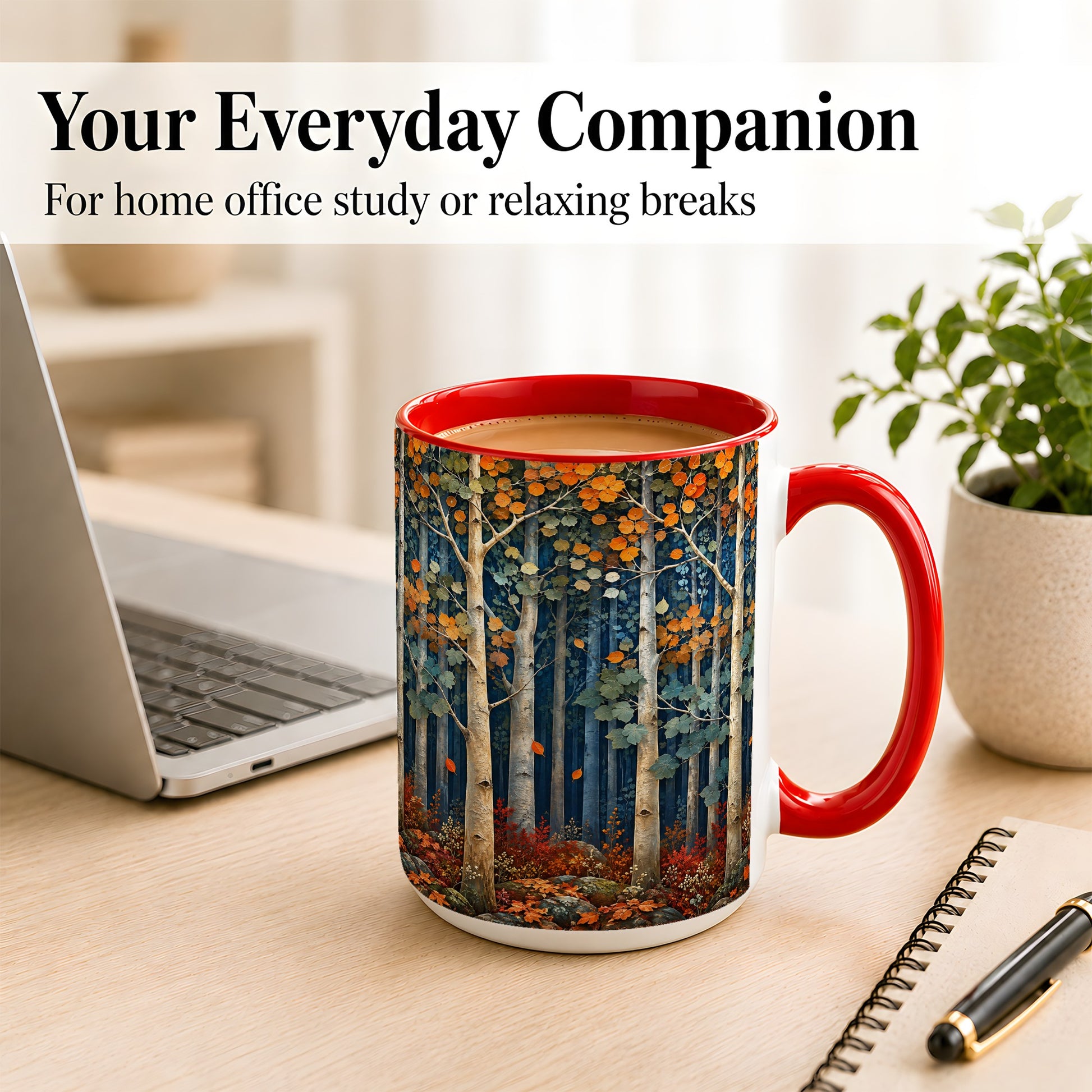 #pl[15oz|Red] Painterly Birch Grove Coffee Mug, Autumn Woodland Mug, Ceramic Cup