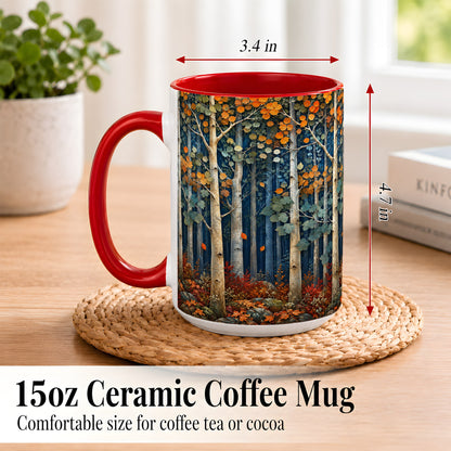 #pl[15oz|Red] Painterly Birch Grove Coffee Mug, Autumn Woodland Mug, Ceramic Cup
