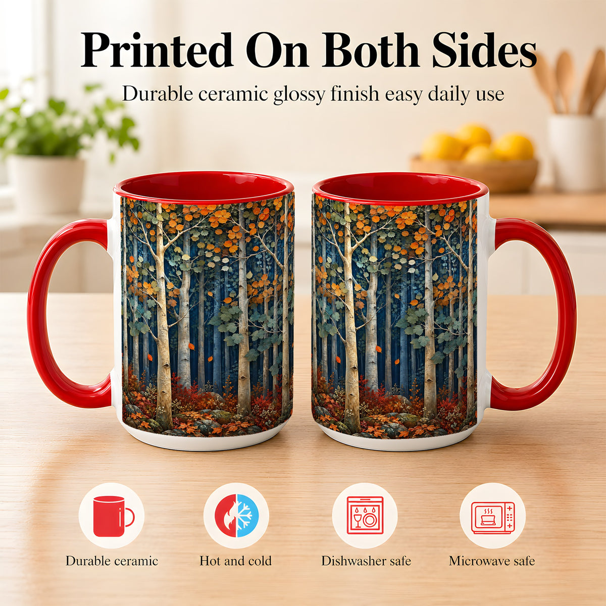 #pl[15oz|Red] Painterly Birch Grove Coffee Mug, Autumn Woodland Mug, Ceramic Cup