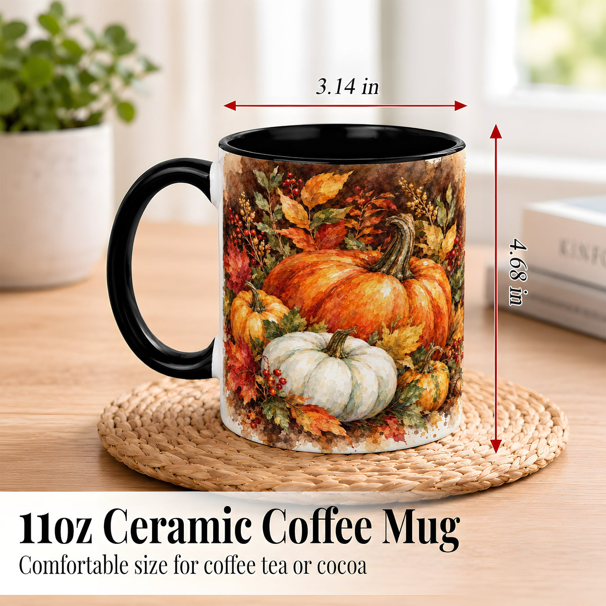#pl[11oz|Black] Autumn Pumpkin Harvest Coffee Mug, Fall Pumpkin Mug, Ceramic Cup