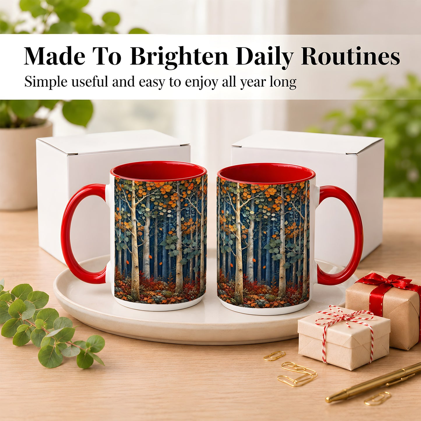 #pl[15oz|Red] Painterly Birch Grove Coffee Mug, Autumn Woodland Mug, Ceramic Cup