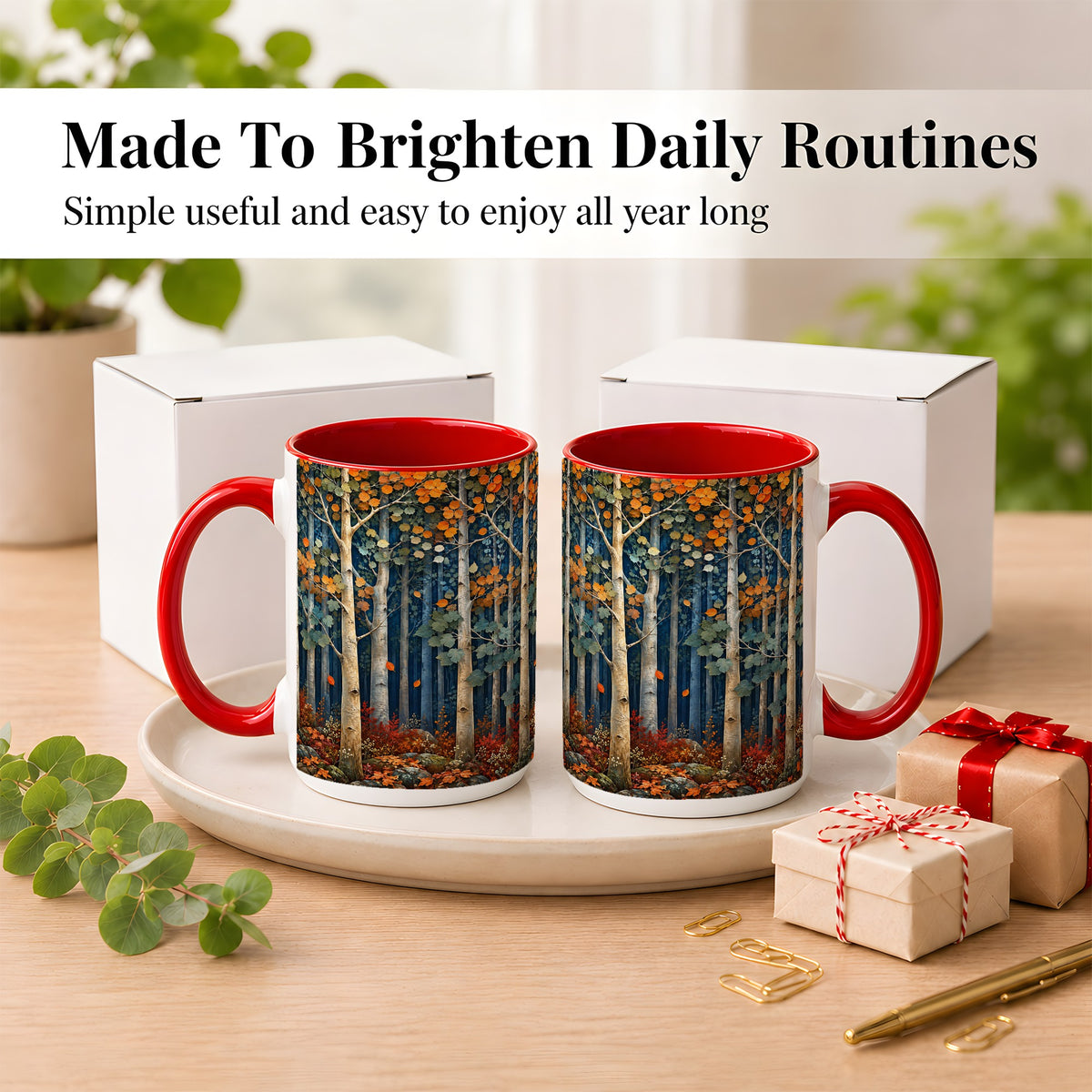 #pl[15oz|Red] Painterly Birch Grove Coffee Mug, Autumn Woodland Mug, Ceramic Cup