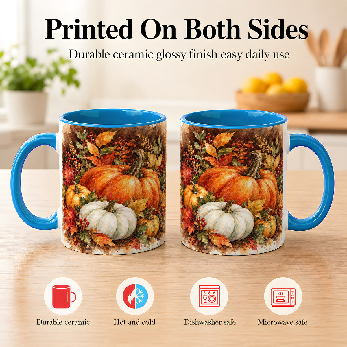 #pl[11oz|Blue] Autumn Pumpkin Harvest Coffee Mug, Fall Pumpkin Mug, Ceramic Cup