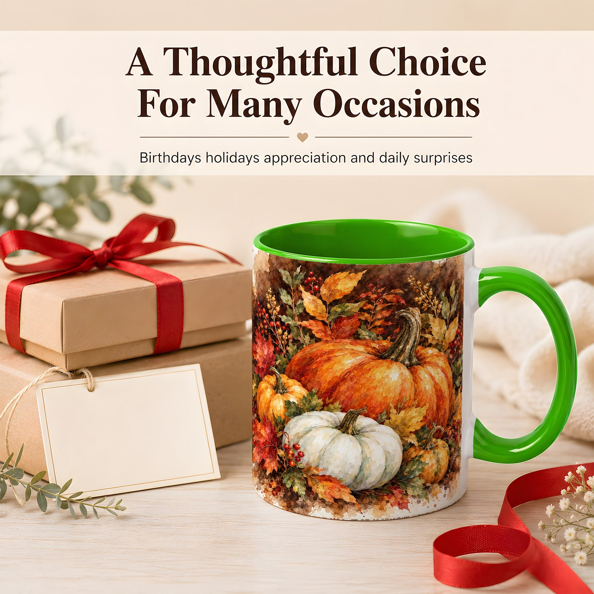 #pl[11oz|Green] Autumn Pumpkin Harvest Coffee Mug, Fall Pumpkin Mug, Ceramic Cup