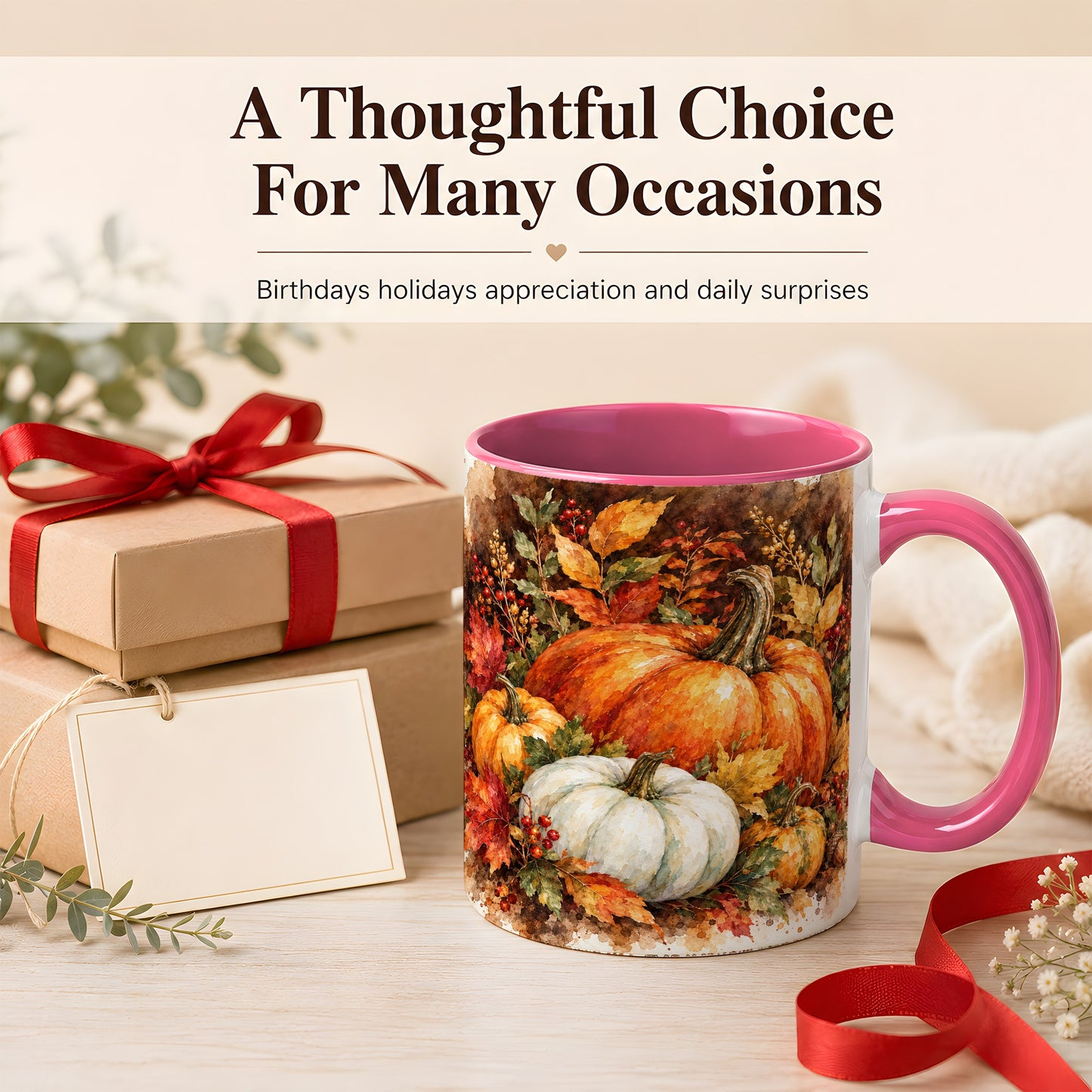 #pl[11oz|Pink] Autumn Pumpkin Harvest Coffee Mug, Fall Pumpkin Mug, Ceramic Cup