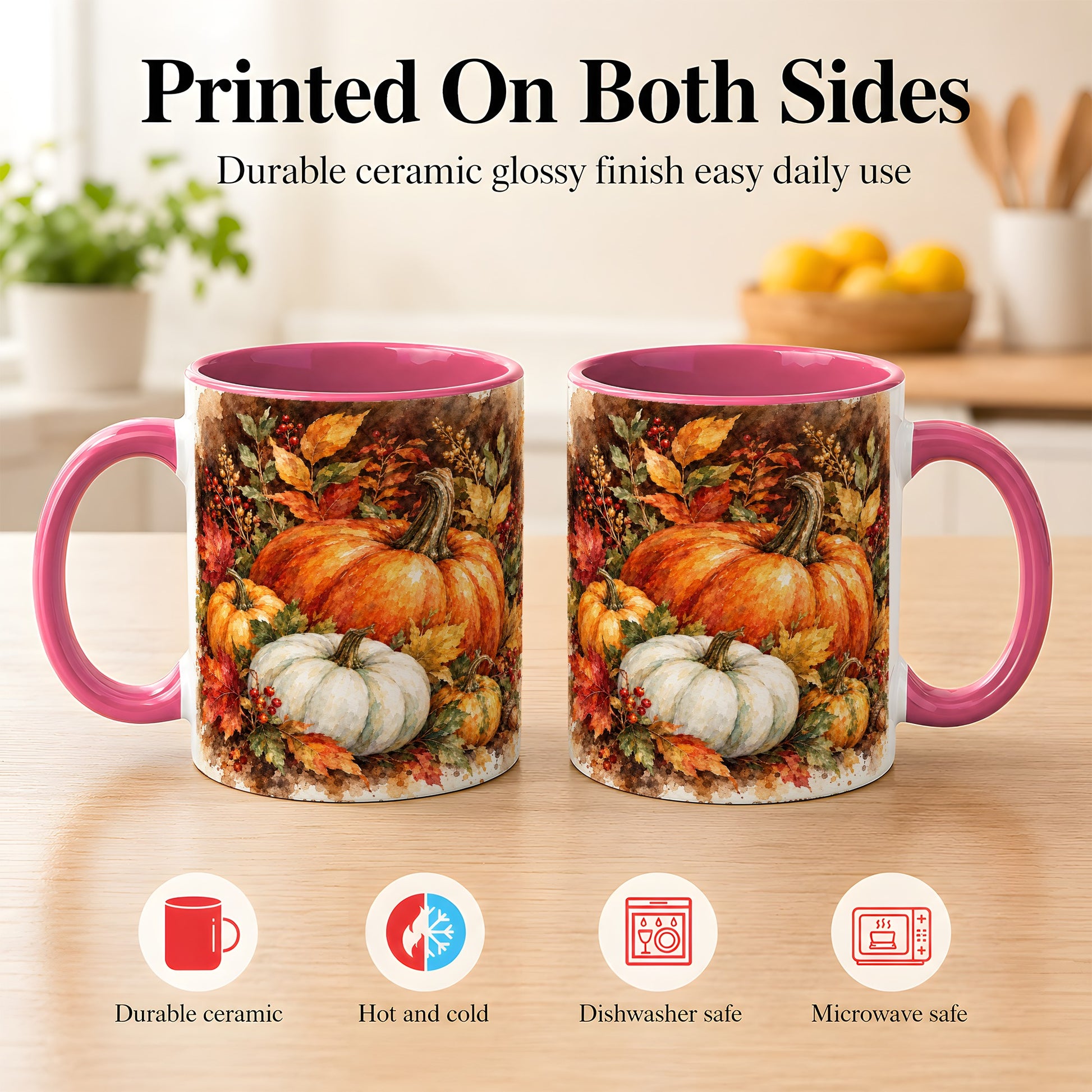 #pl[11oz|Pink] Autumn Pumpkin Harvest Coffee Mug, Fall Pumpkin Mug, Ceramic Cup