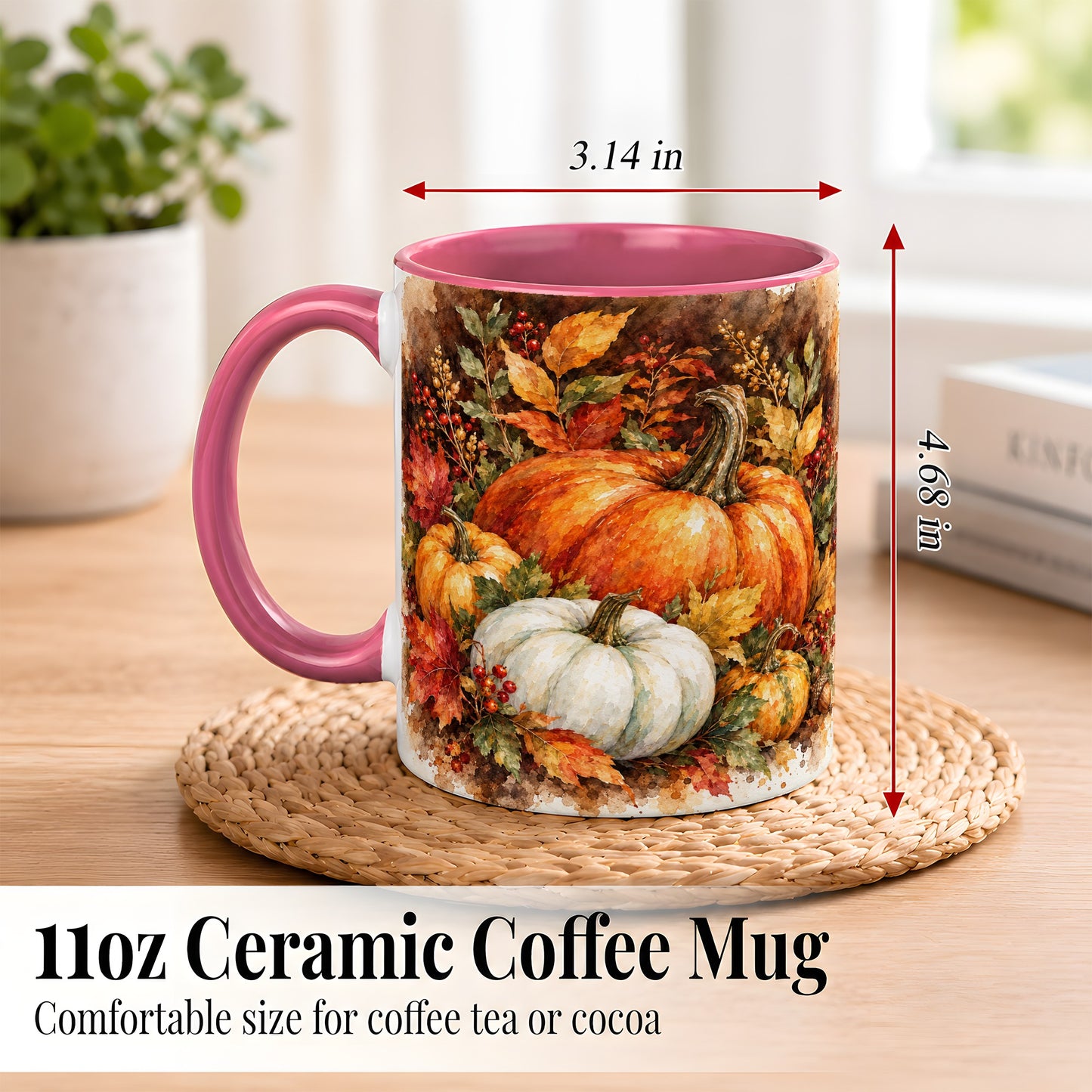 #pl[11oz|Pink] Autumn Pumpkin Harvest Coffee Mug, Fall Pumpkin Mug, Ceramic Cup