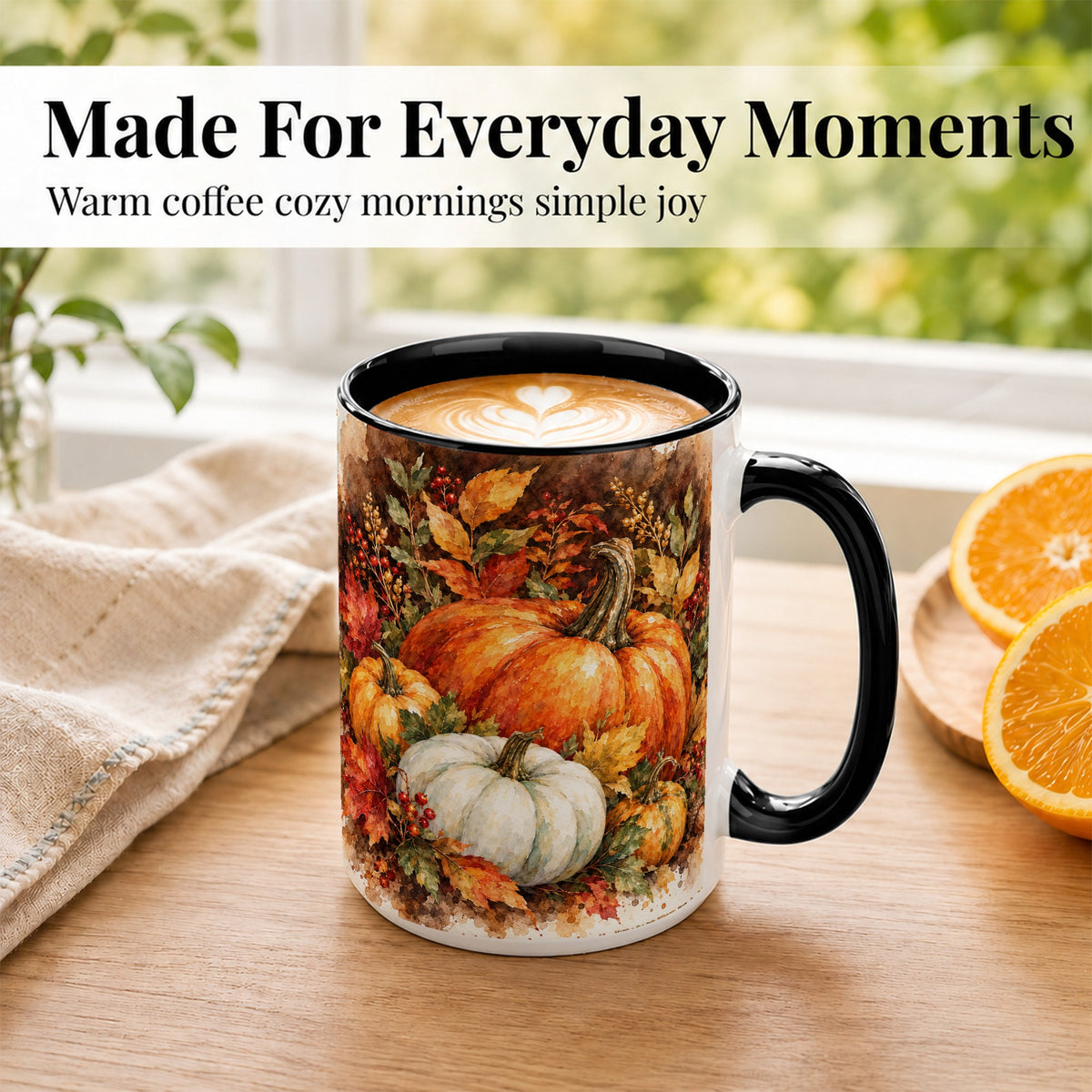 #pl[15oz|Black] Autumn Pumpkin Harvest Coffee Mug, Fall Pumpkin Mug, Ceramic Cup