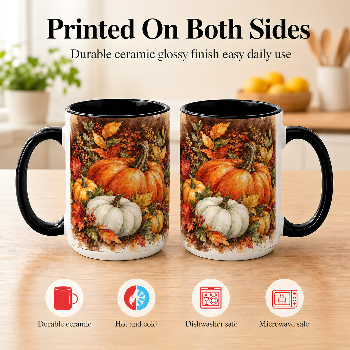 #pl[15oz|Black] Autumn Pumpkin Harvest Coffee Mug, Fall Pumpkin Mug, Ceramic Cup