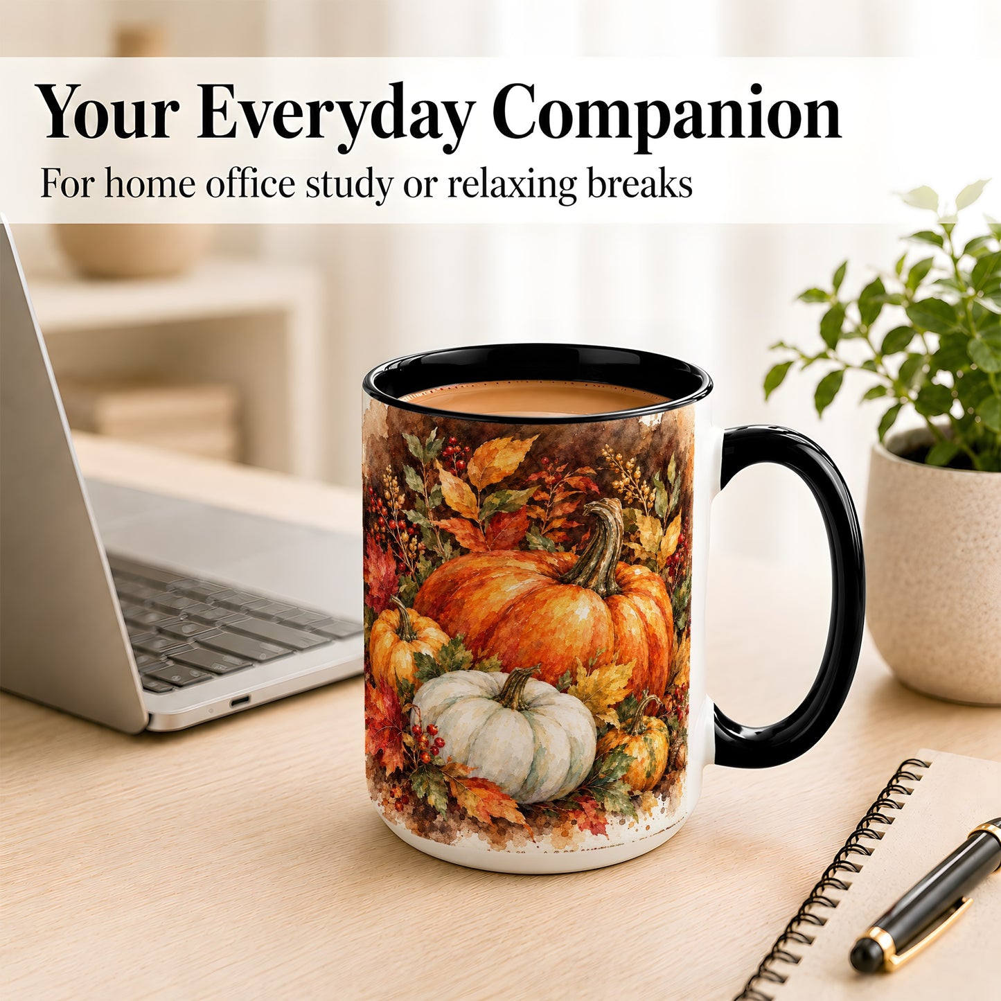 #pl[15oz|Black] Autumn Pumpkin Harvest Coffee Mug, Fall Pumpkin Mug, Ceramic Cup