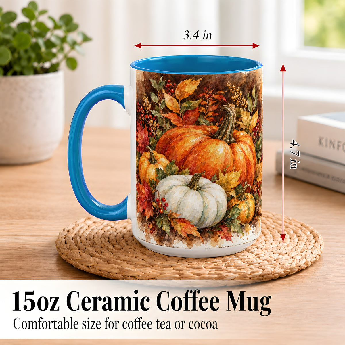 #pl[15oz|Blue] Autumn Pumpkin Harvest Coffee Mug, Fall Pumpkin Mug, Ceramic Cup