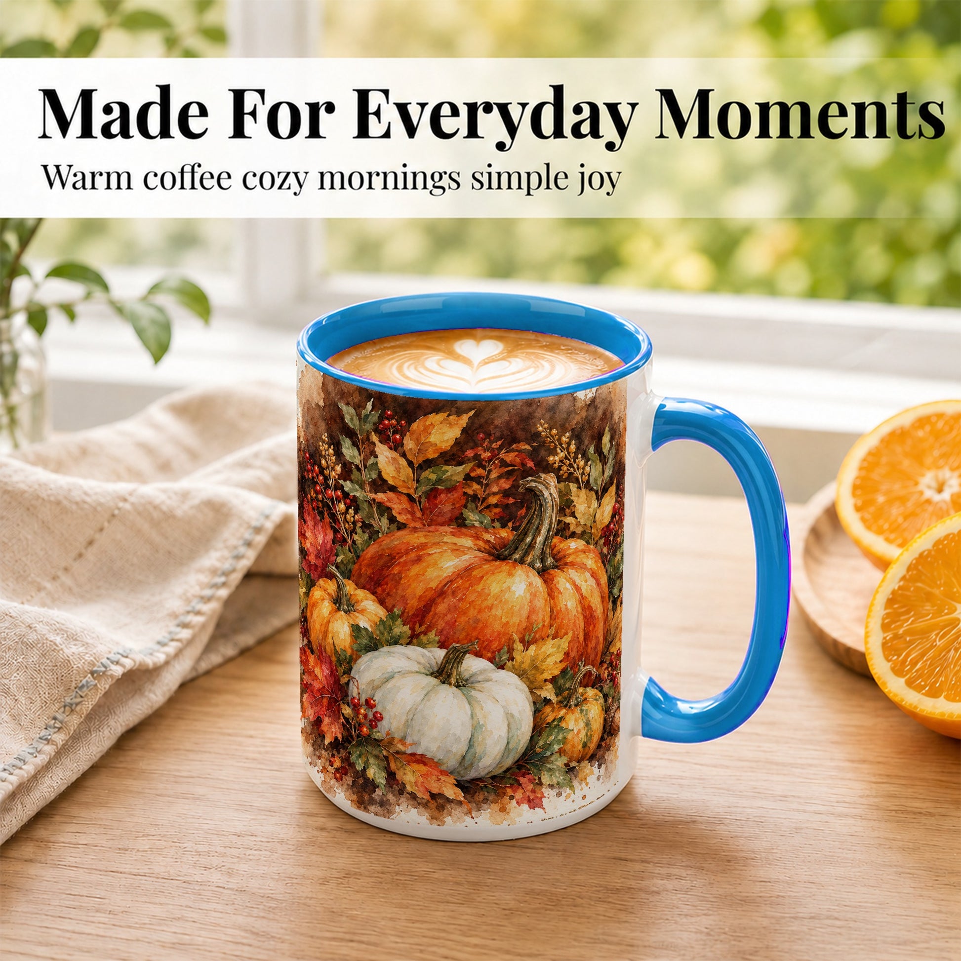 #pl[15oz|Blue] Autumn Pumpkin Harvest Coffee Mug, Fall Pumpkin Mug, Ceramic Cup
