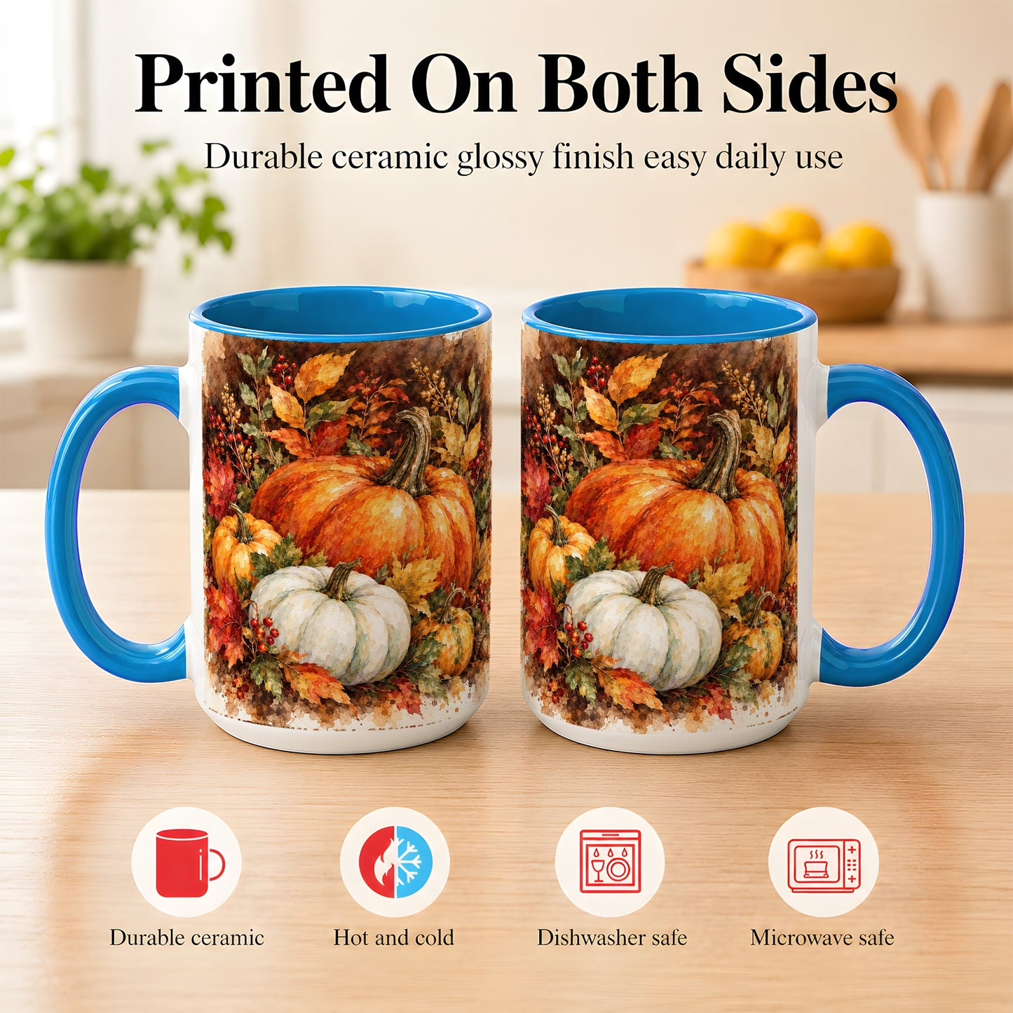 #pl[15oz|Blue] Autumn Pumpkin Harvest Coffee Mug, Fall Pumpkin Mug, Ceramic Cup