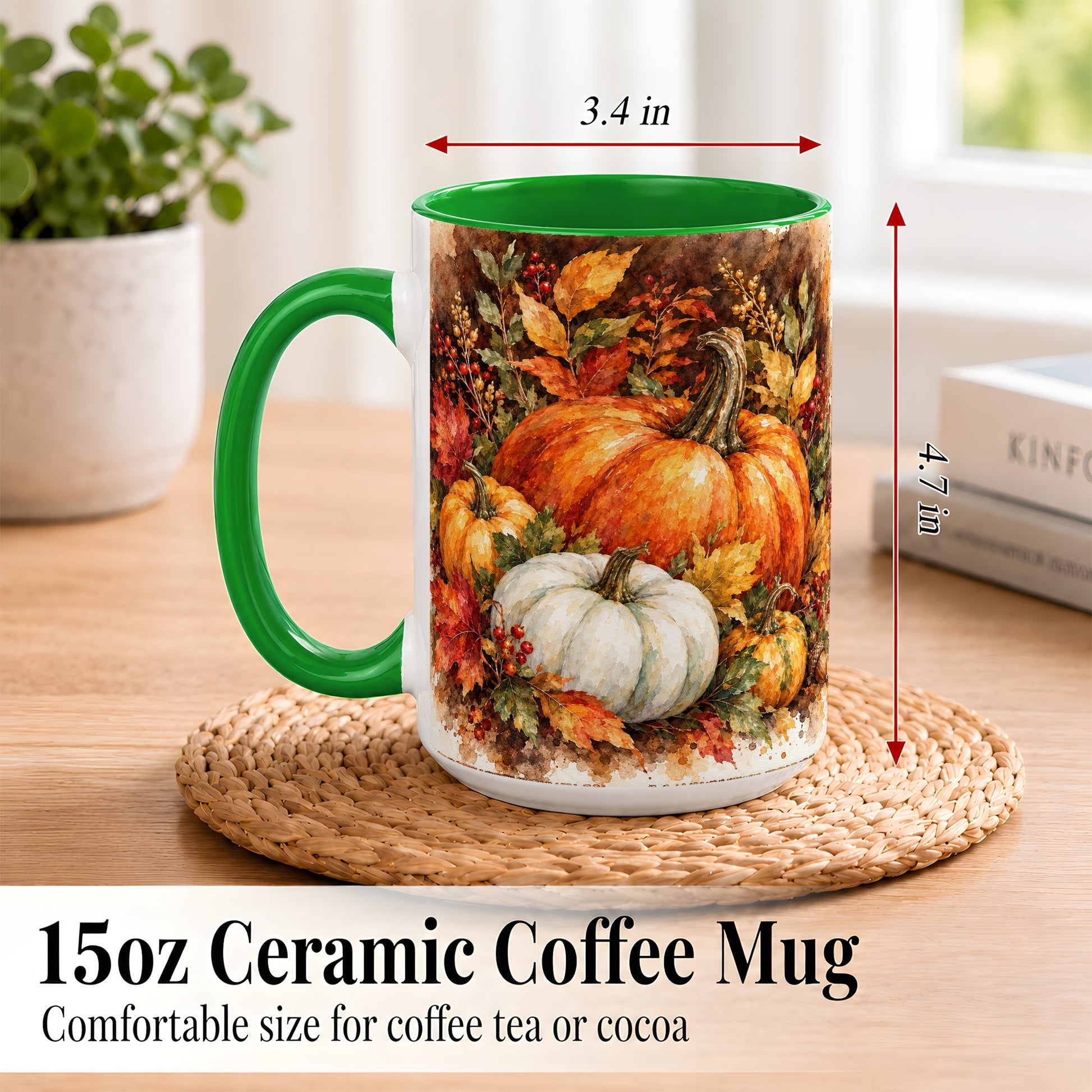 #pl[15oz|Green] Autumn Pumpkin Harvest Coffee Mug, Fall Pumpkin Mug, Ceramic Cup