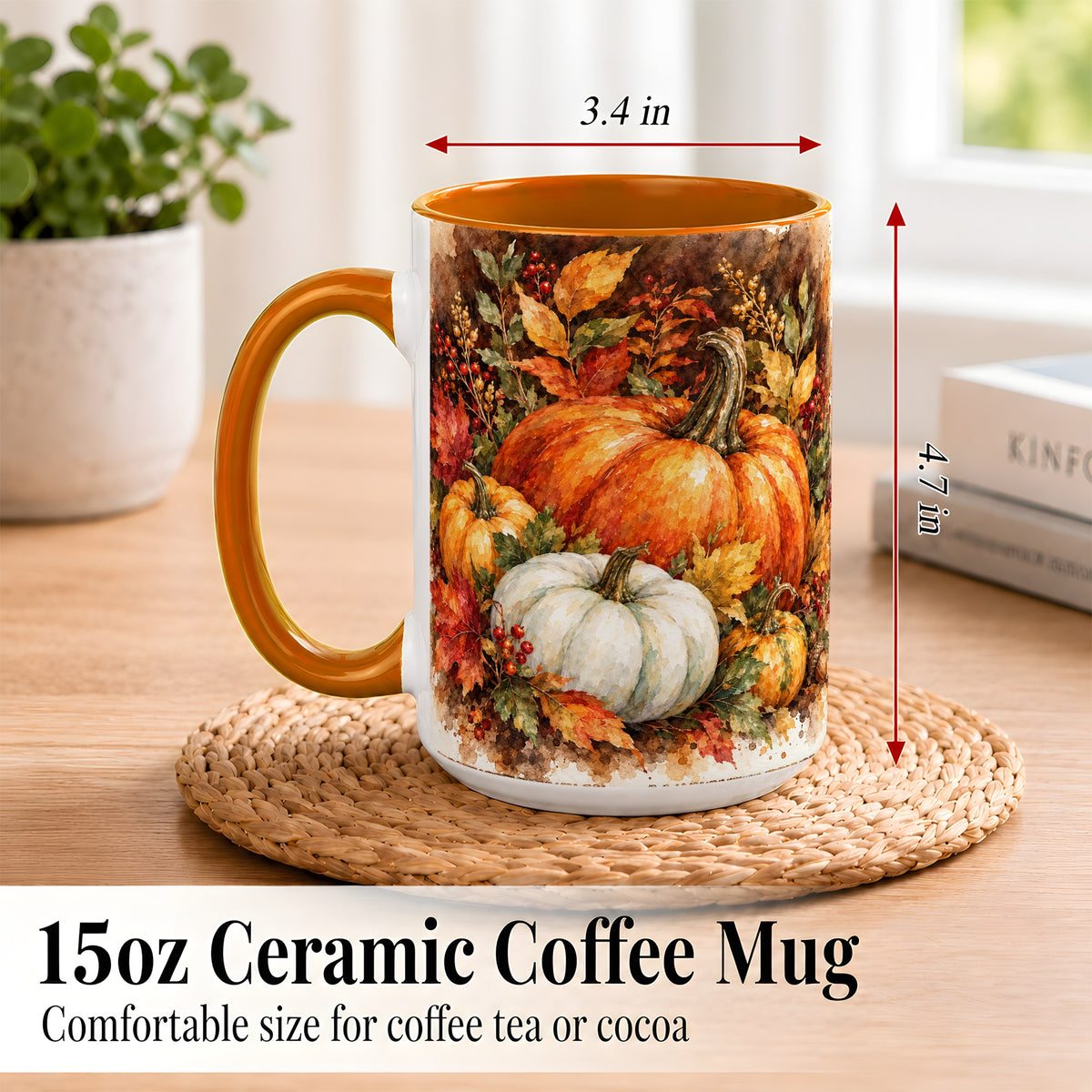 #pl[15oz|Orange] Autumn Pumpkin Harvest Coffee Mug, Fall Pumpkin Mug, Ceramic Cup