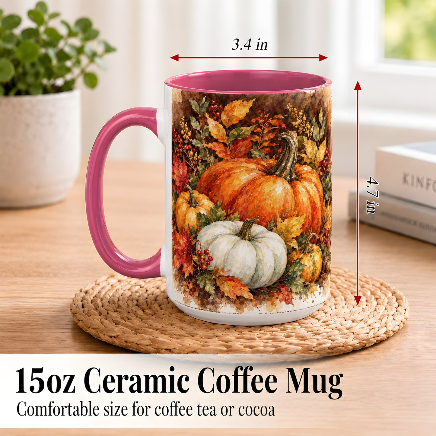 #pl[15oz|Pink] Autumn Pumpkin Harvest Coffee Mug, Fall Pumpkin Mug, Ceramic Cup
