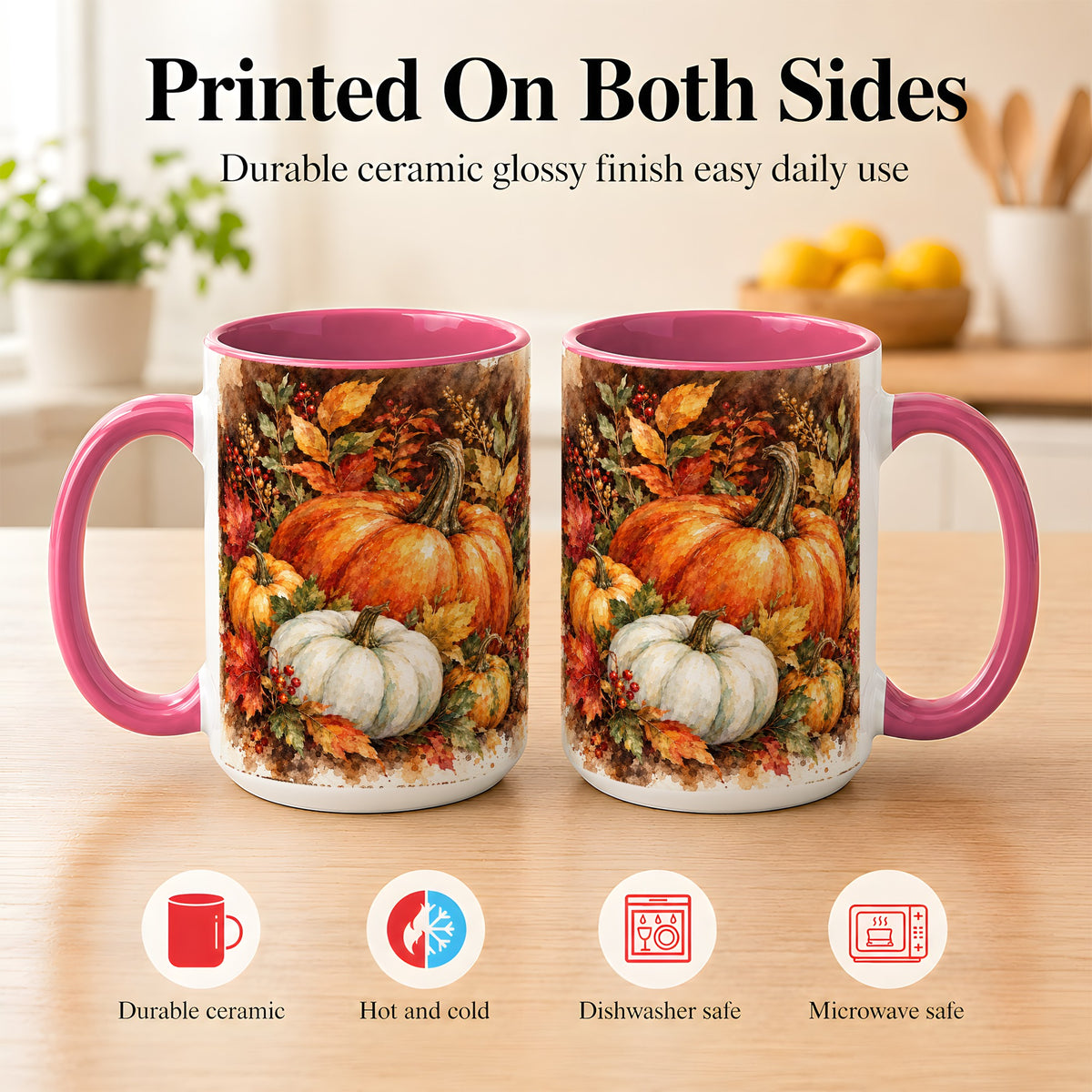 #pl[15oz|Pink] Autumn Pumpkin Harvest Coffee Mug, Fall Pumpkin Mug, Ceramic Cup