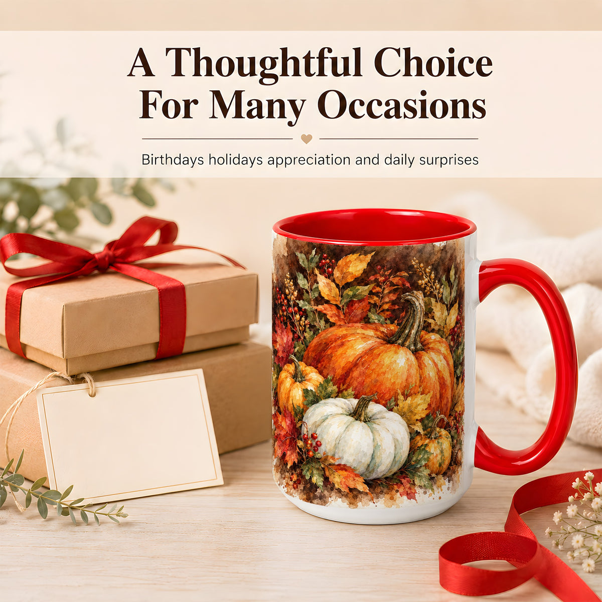 #pl[15oz|Red] Autumn Pumpkin Harvest Coffee Mug, Fall Pumpkin Mug, Ceramic Cup