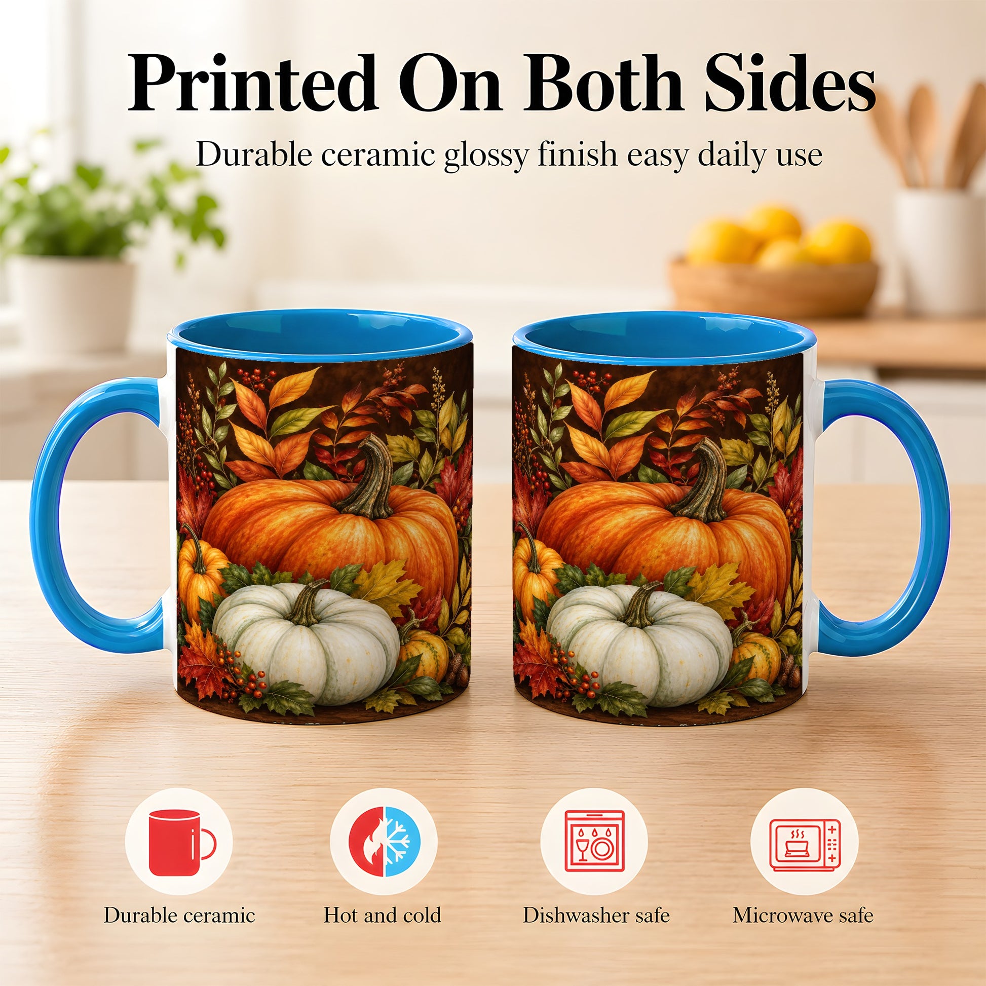 #pl[11oz|Blue] Rustic Autumn Pumpkin Coffee Mug, Fall Harvest Mug, Ceramic Cup