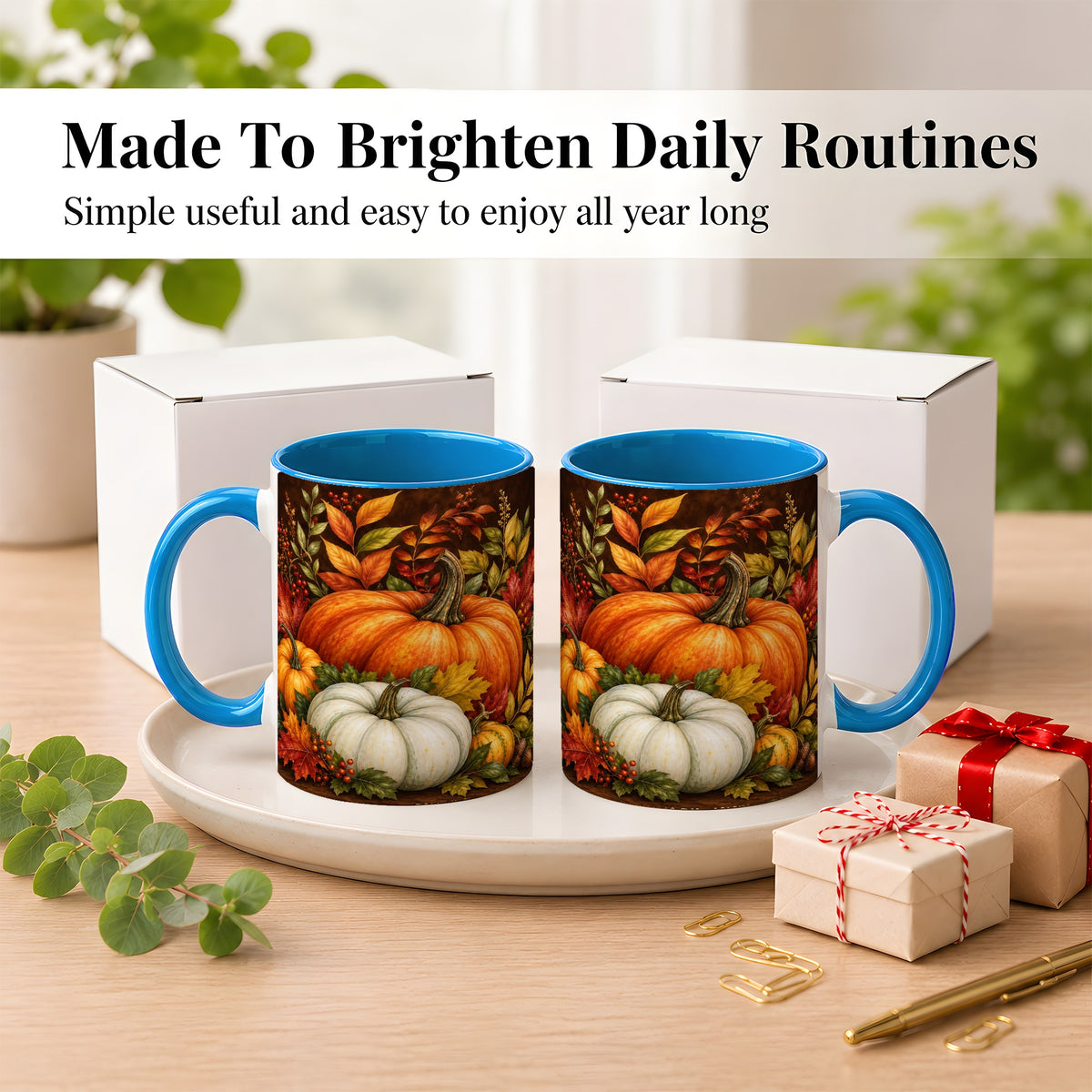 #pl[11oz|Blue] Rustic Autumn Pumpkin Coffee Mug, Fall Harvest Mug, Ceramic Cup