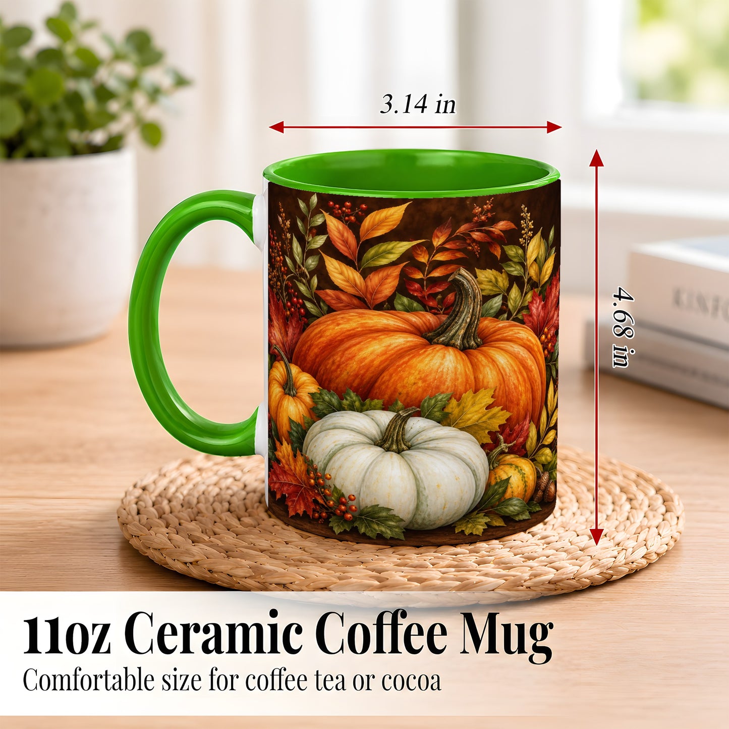 #pl[11oz|Green] Rustic Autumn Pumpkin Coffee Mug, Fall Harvest Mug, Ceramic Cup