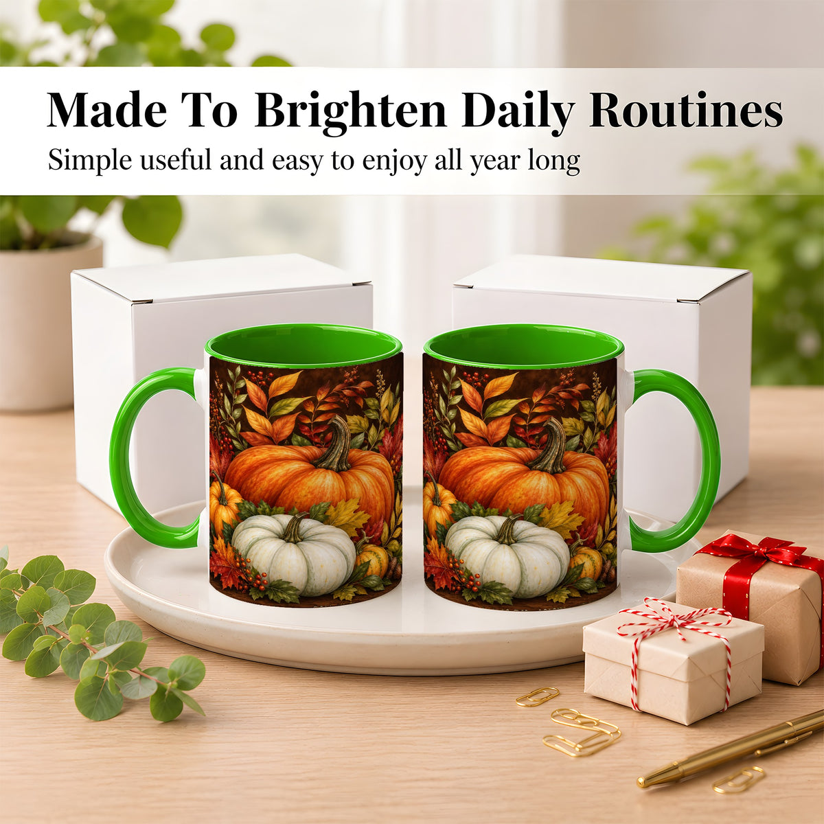#pl[11oz|Green] Rustic Autumn Pumpkin Coffee Mug, Fall Harvest Mug, Ceramic Cup