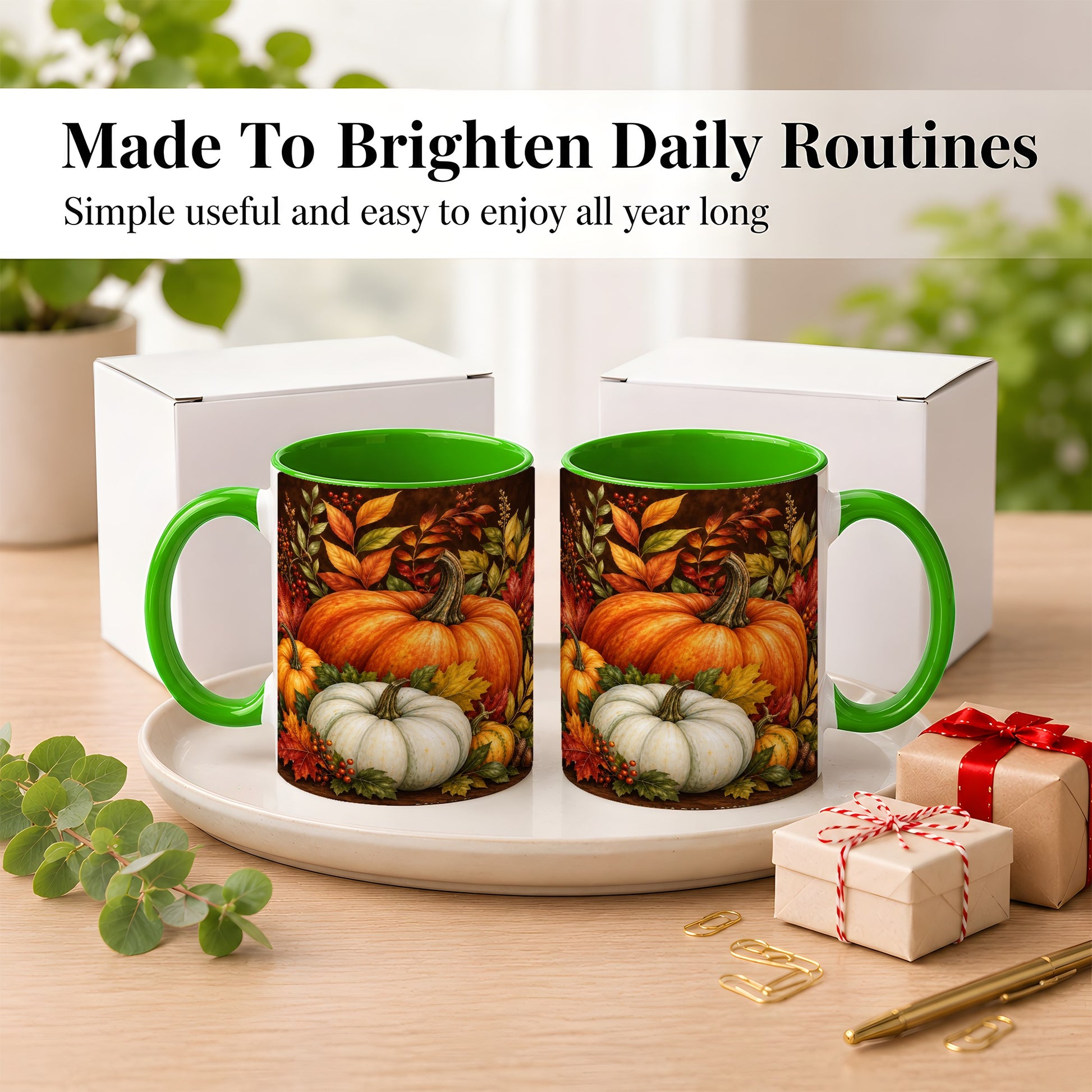 #pl[11oz|Green] Rustic Autumn Pumpkin Coffee Mug, Fall Harvest Mug, Ceramic Cup