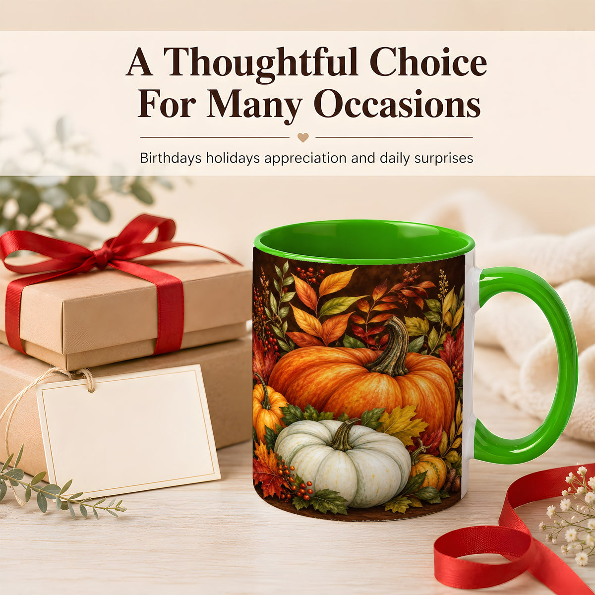#pl[11oz|Green] Rustic Autumn Pumpkin Coffee Mug, Fall Harvest Mug, Ceramic Cup