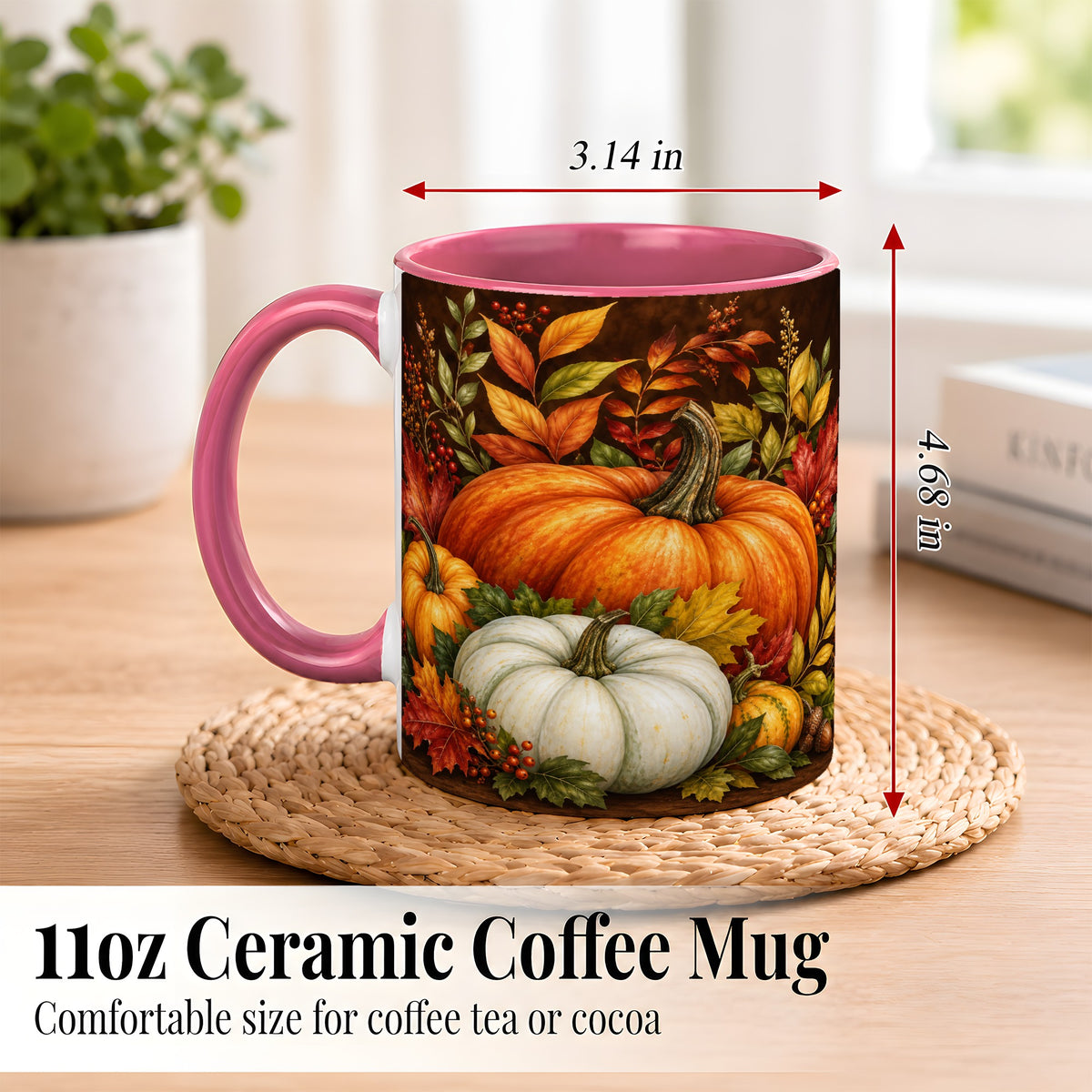 #pl[11oz|Pink] Rustic Autumn Pumpkin Coffee Mug, Fall Harvest Mug, Ceramic Cup
