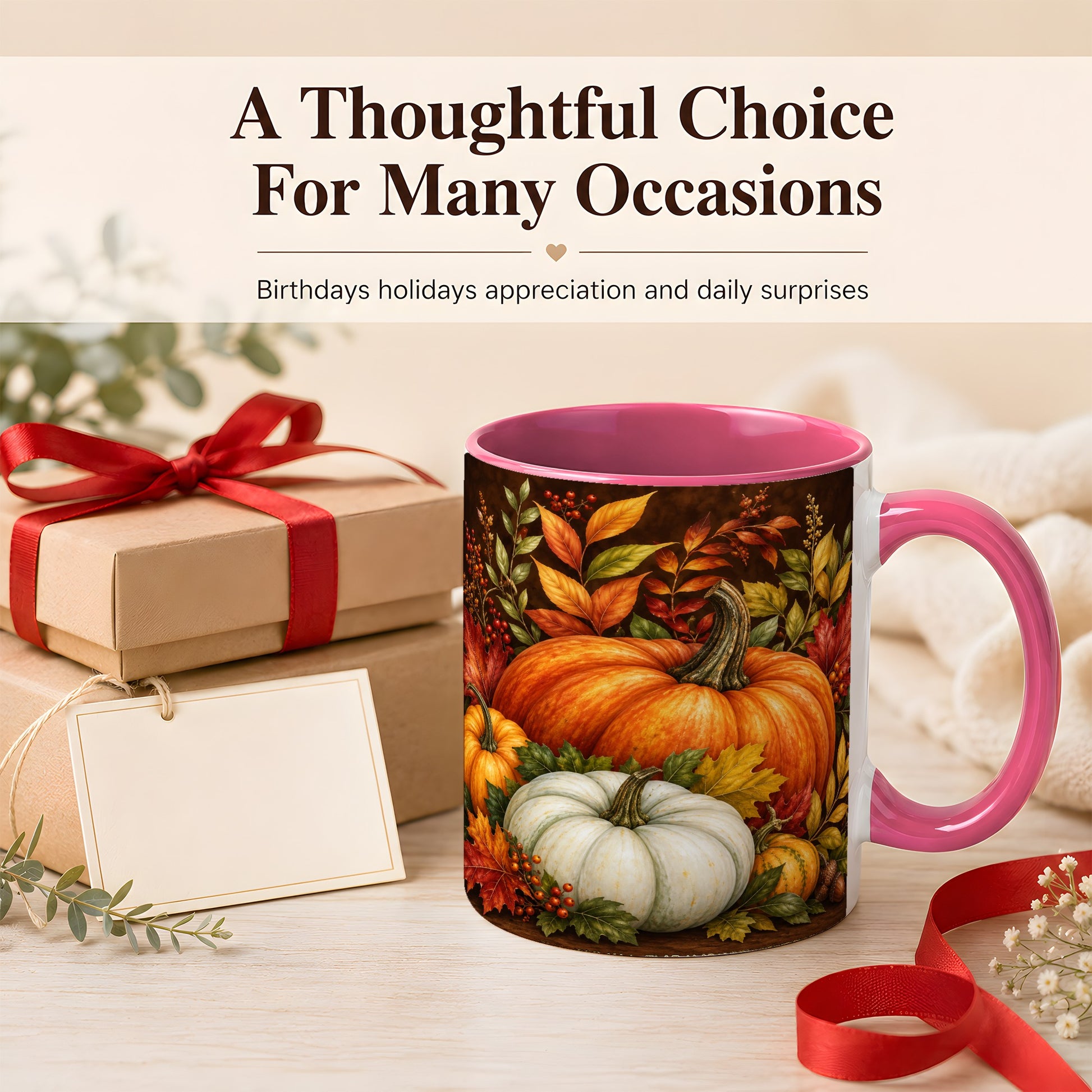 #pl[11oz|Pink] Rustic Autumn Pumpkin Coffee Mug, Fall Harvest Mug, Ceramic Cup