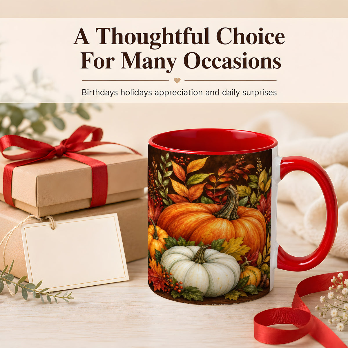 #pl[11oz|Red] Rustic Autumn Pumpkin Coffee Mug, Fall Harvest Mug, Ceramic Cup