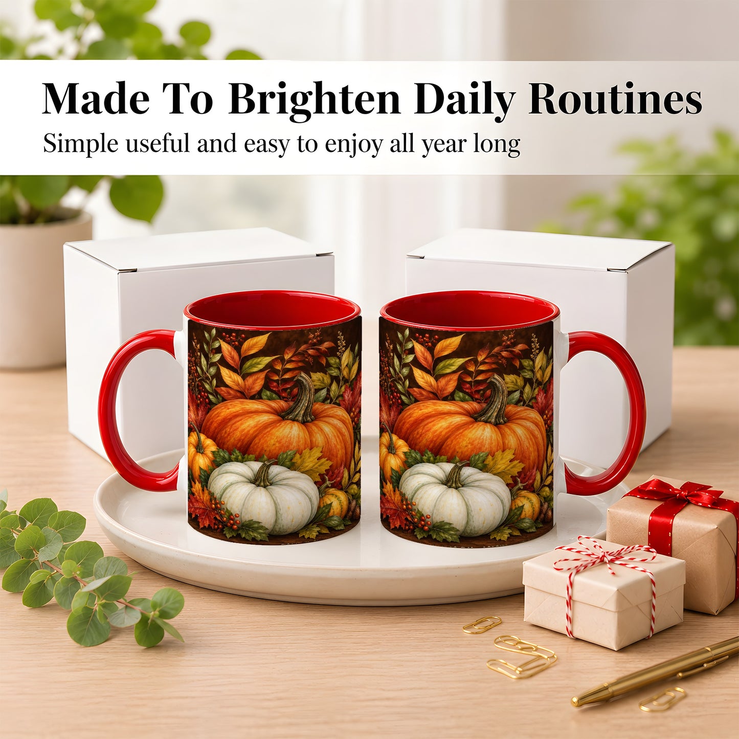 #pl[11oz|Red] Rustic Autumn Pumpkin Coffee Mug, Fall Harvest Mug, Ceramic Cup